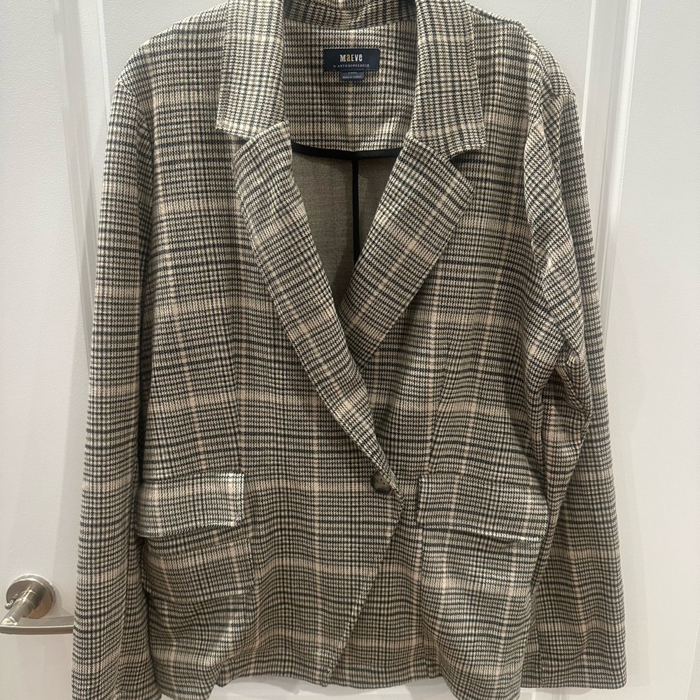 Maeve Gray Blazer Jacket with Classic Plaid Design